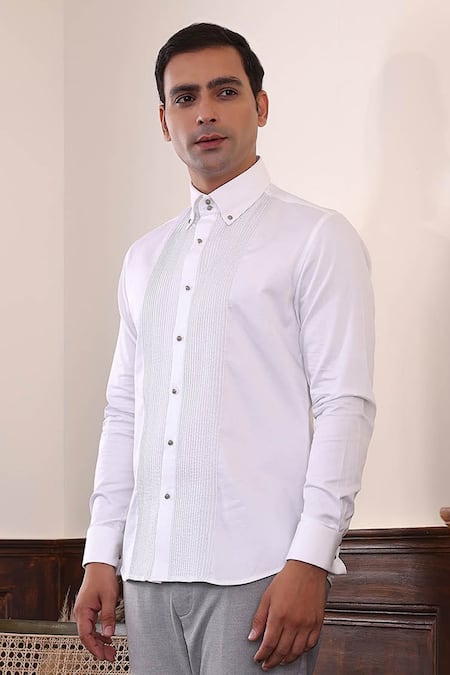 Buy_Abkasa_White Cotton Satin Embroidery Striped Pintuck Panel Shirt _Online_at_Aza_Fashions