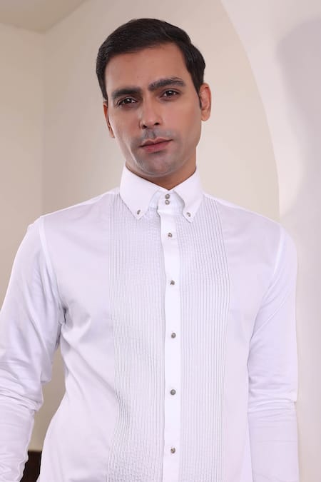 Shop_Abkasa_White Cotton Satin Embroidery Striped Pintuck Panel Shirt _Online_at_Aza_Fashions