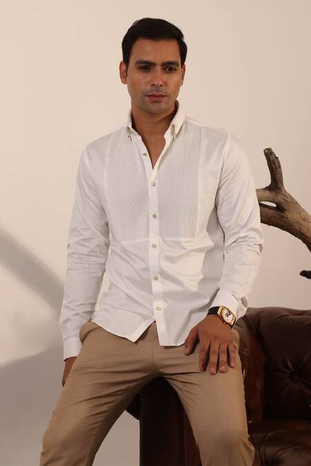 Abkasa White Cotton Satin Pintuck Panel Designer Shirt Online at Aza Fashions Abkasa_White Cotton Satin Pintuck Panel Designer Shirt _Online_at_Aza_Fashions