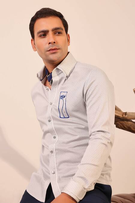 Abkasa_Gray Cotton Satin Embroidery Textured Jaal Shirt _Online_at_Aza_Fashions
