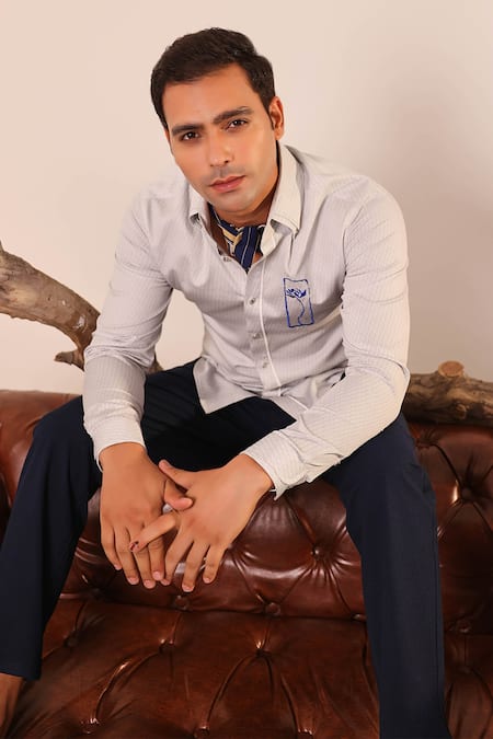 Buy_Abkasa_Gray Cotton Satin Embroidery Textured Jaal Shirt _Online_at_Aza_Fashions