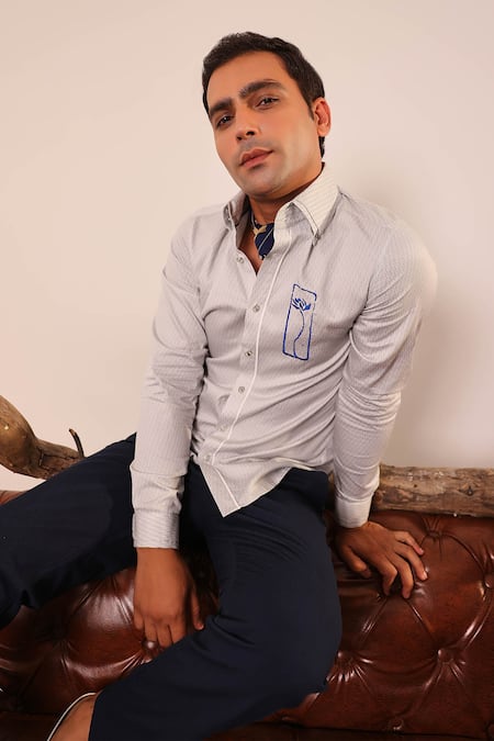 Shop_Abkasa_Gray Cotton Satin Embroidery Textured Jaal Shirt _Online_at_Aza_Fashions