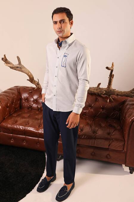 Shop_Abkasa_Gray Cotton Satin Embroidery Textured Jaal Shirt _at_Aza_Fashions
