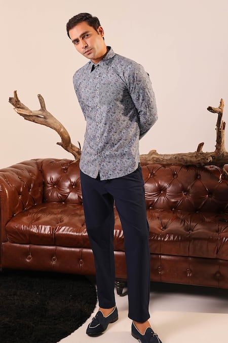 Abkasa_Blue Cotton Satin Embroidery Floral Printed Shirt _Online_at_Aza_Fashions