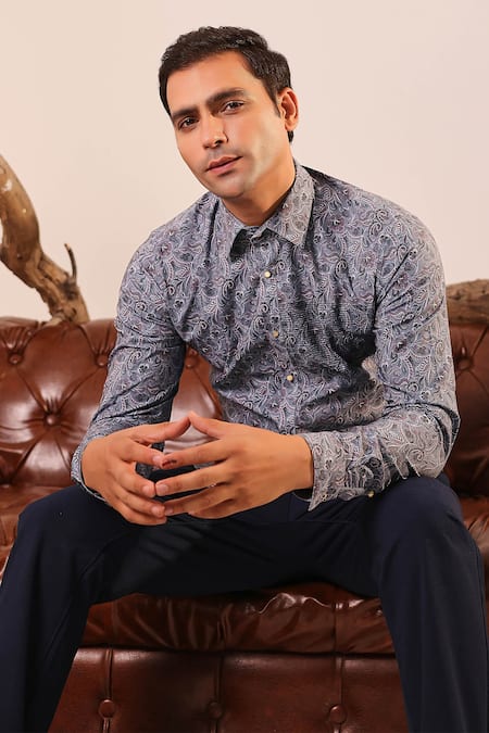 Buy_Abkasa_Blue Cotton Satin Embroidery Floral Printed Shirt _Online_at_Aza_Fashions