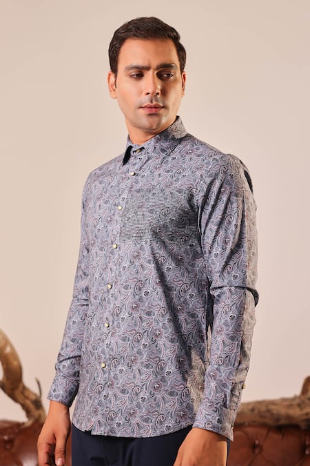Shop_Abkasa_Blue Cotton Satin Embroidery Floral Printed Shirt _Online_at_Aza_Fashions