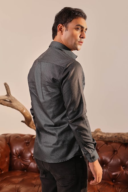 Shop_Abkasa_Black Cotton Satin Embroidery Textured Jaal Pattern Shirt _at_Aza_Fashions