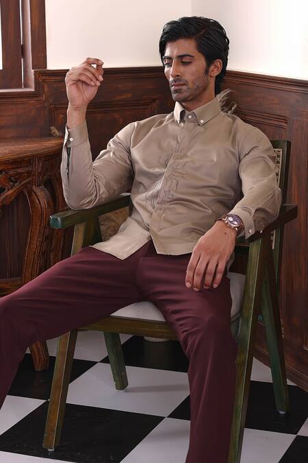 Abkasa_Brown Cotton Satin Embroidery Thread Sun Shirt _Online_at_Aza_Fashions