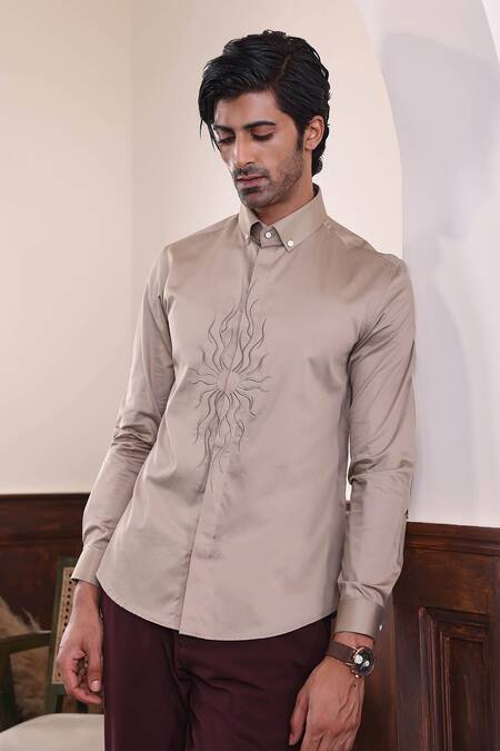 Buy_Abkasa_Brown Cotton Satin Embroidery Thread Sun Shirt _Online_at_Aza_Fashions