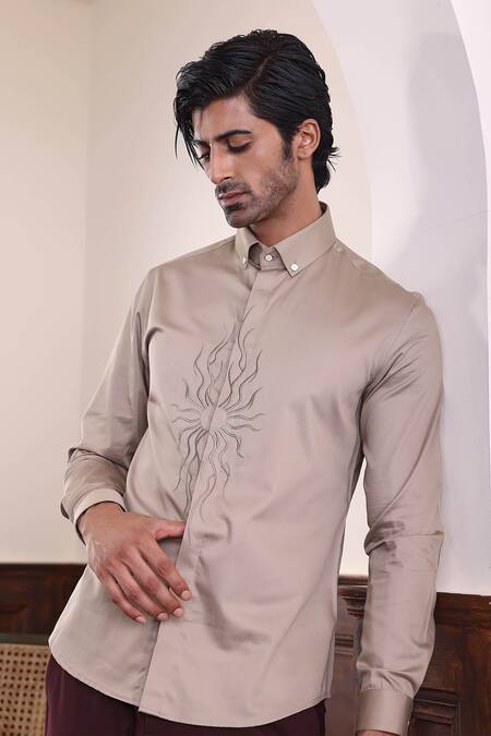Shop_Abkasa_Brown Cotton Satin Embroidery Thread Sun Shirt _Online_at_Aza_Fashions