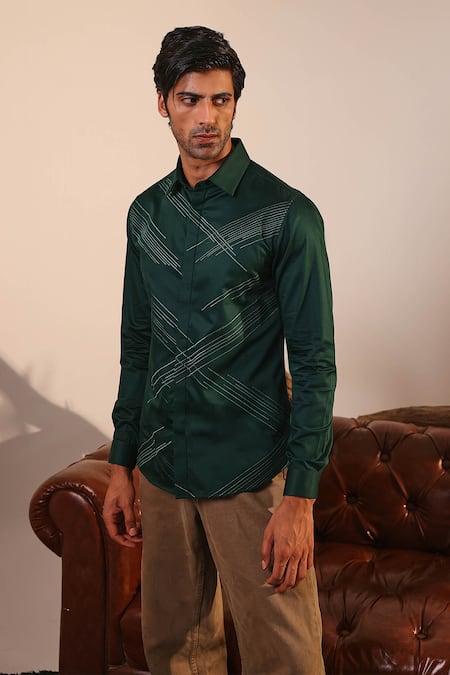 Abkasa_Green Cotton Satin Embroidery Tonal Thread Shirt _Online_at_Aza_Fashions