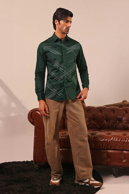Buy_Abkasa_Green Cotton Satin Embroidery Tonal Thread Shirt _Online_at_Aza_Fashions