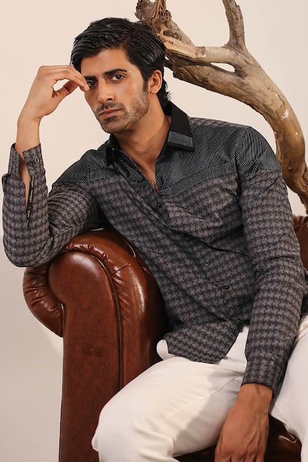 Abkasa_Gray Cotton Satin Embroidery Designer Checkered Print Shirt _Online_at_Aza_Fashions