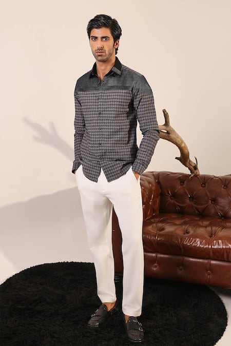 Buy_Abkasa_Gray Cotton Satin Embroidery Designer Checkered Print Shirt _Online_at_Aza_Fashions