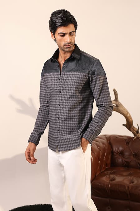 Shop_Abkasa_Gray Cotton Satin Embroidery Designer Checkered Print Shirt _Online_at_Aza_Fashions