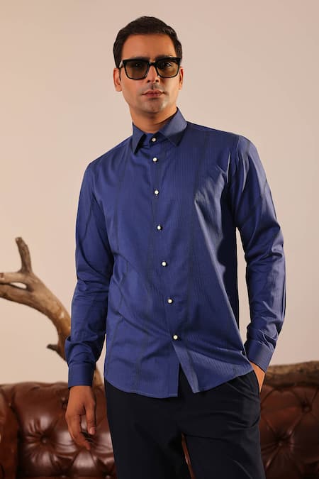 Abkasa_Blue Cotton Satin Embroidery Tonal Thread Shirt _Online_at_Aza_Fashions