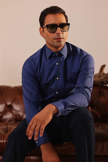 Buy_Abkasa_Blue Cotton Satin Embroidery Tonal Thread Shirt _Online_at_Aza_Fashions