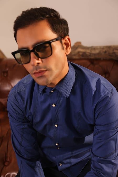 Shop_Abkasa_Blue Cotton Satin Embroidery Tonal Thread Shirt _Online_at_Aza_Fashions