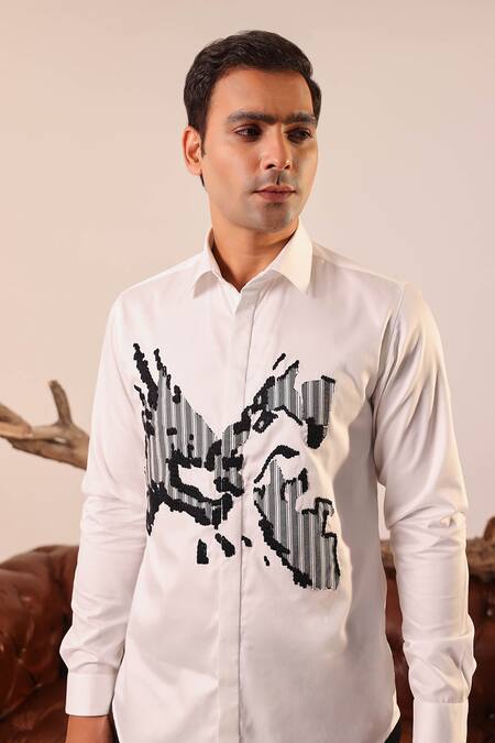 Shop_Abkasa_White Cotton Satin Patchwork Textured Bodice Shirt _Online_at_Aza_Fashions