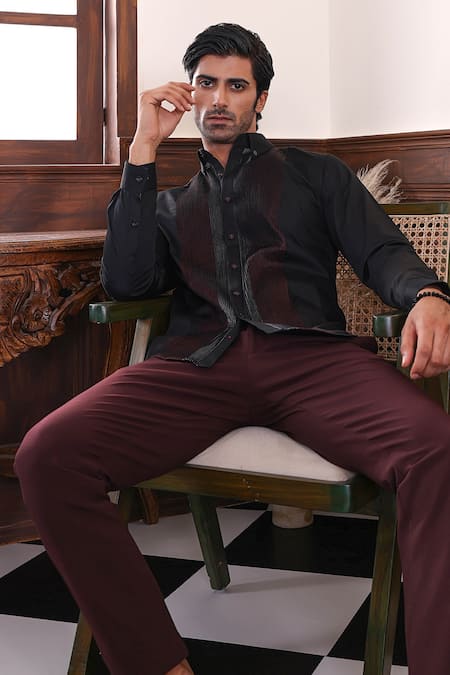 Abkasa_Black Cotton Satin Pintuck Side Panel Shirt _Online_at_Aza_Fashions