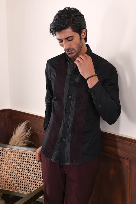 Buy_Abkasa_Black Cotton Satin Pintuck Side Panel Shirt _Online_at_Aza_Fashions