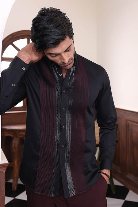 Shop_Abkasa_Black Cotton Satin Pintuck Side Panel Shirt _Online_at_Aza_Fashions