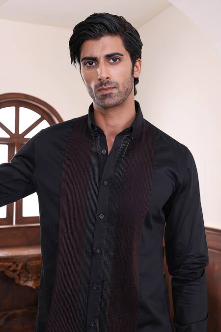Abkasa_Black Cotton Satin Pintuck Side Panel Shirt _at_Aza_Fashions