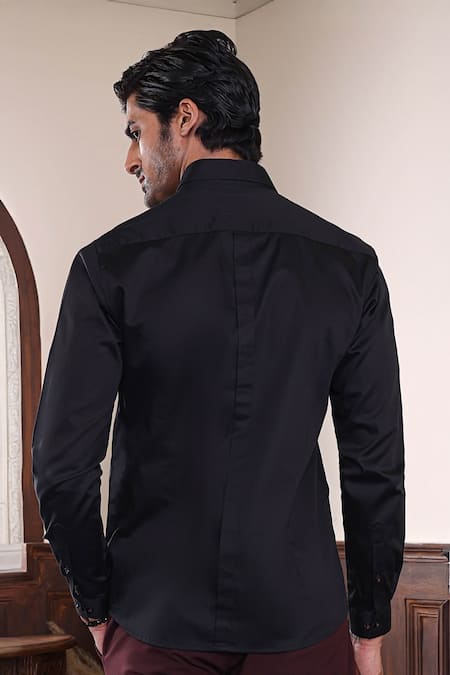Shop_Abkasa_Black Cotton Satin Pintuck Side Panel Shirt _at_Aza_Fashions