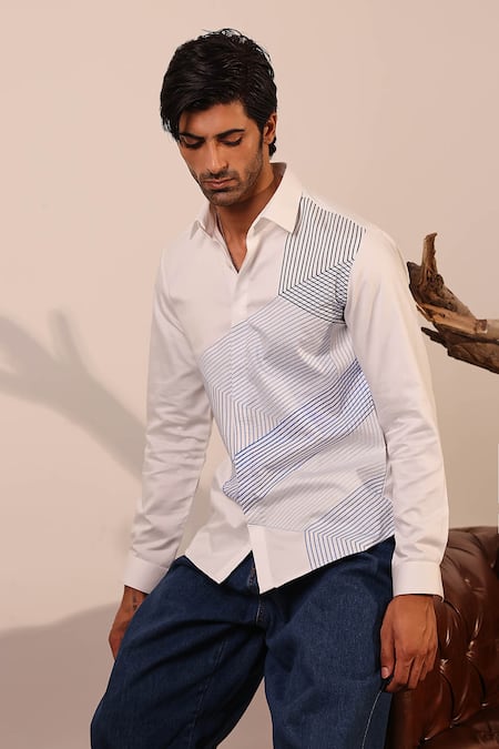 Abkasa_White Cotton Satin Embroidery Gradient Blue Threadwork Shirt _Online_at_Aza_Fashions