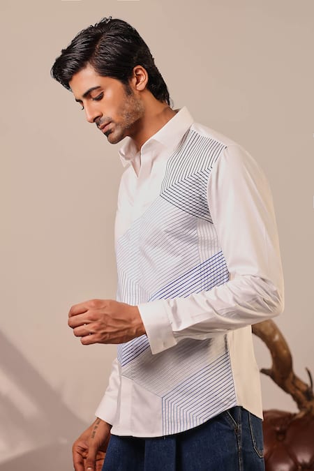 Buy_Abkasa_White Cotton Satin Embroidery Gradient Blue Threadwork Shirt _Online_at_Aza_Fashions