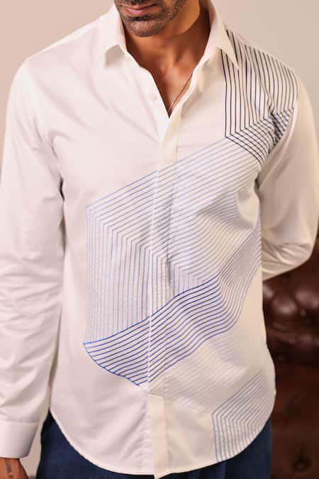 Shop_Abkasa_White Cotton Satin Embroidery Gradient Blue Threadwork Shirt _Online_at_Aza_Fashions