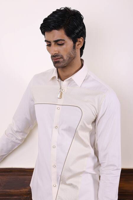 Abkasa_Beige Cotton Satin Patchwork, Embroidery Curved Panel Shirt _Online_at_Aza_Fashions