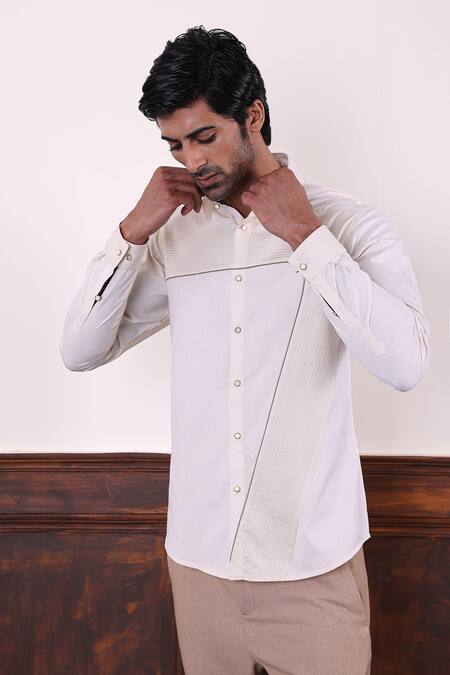 Buy_Abkasa_Beige Cotton Satin Patchwork, Embroidery Curved Panel Shirt _Online_at_Aza_Fashions