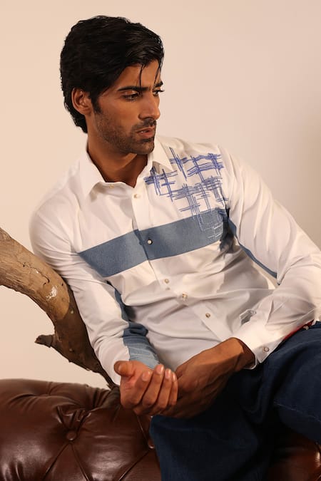 Abkasa_White Cotton Satin Embroidery Contrast Panel Shirt _Online_at_Aza_Fashions