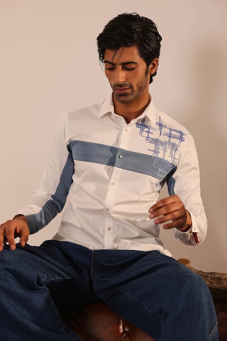 Buy_Abkasa_White Cotton Satin Embroidery Contrast Panel Shirt _Online_at_Aza_Fashions