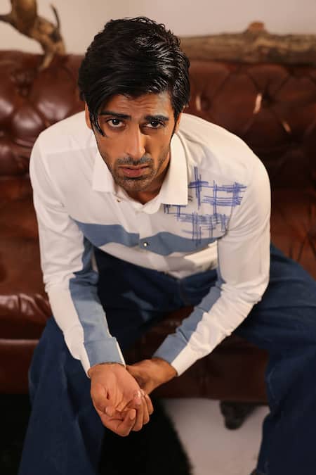 Shop_Abkasa_White Cotton Satin Embroidery Contrast Panel Shirt _Online_at_Aza_Fashions