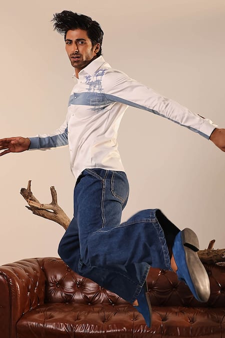 Abkasa_White Cotton Satin Embroidery Contrast Panel Shirt _at_Aza_Fashions