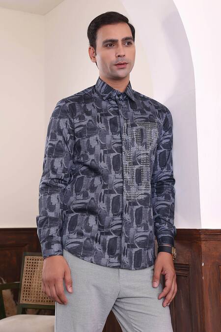 Abkasa_Blue Cotton Satin Embroidery Abstract Print Shirt _Online_at_Aza_Fashions