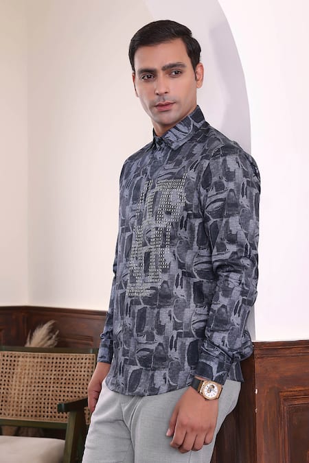 Buy_Abkasa_Blue Cotton Satin Embroidery Abstract Print Shirt _Online_at_Aza_Fashions