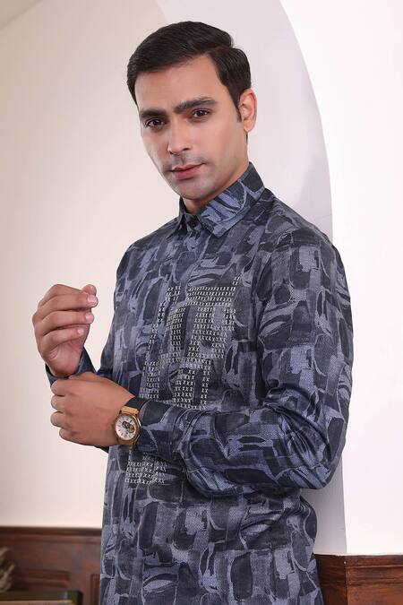 Shop_Abkasa_Blue Cotton Satin Embroidery Abstract Print Shirt _Online_at_Aza_Fashions