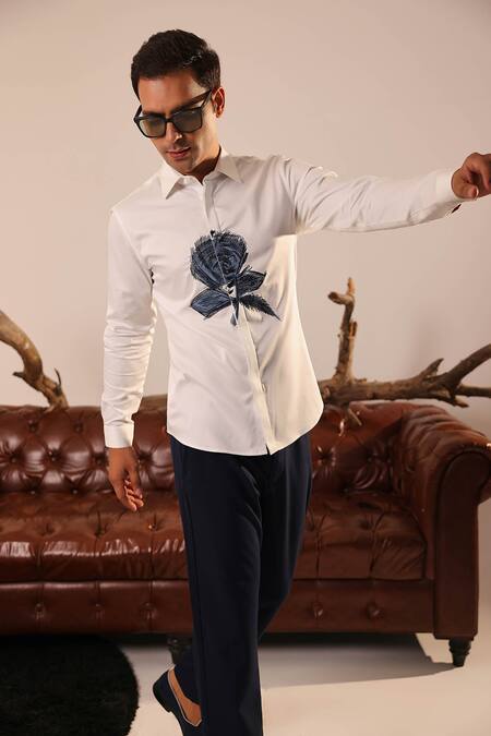 Abkasa_White Cotton Satin Embroidery Thread Shirt _Online_at_Aza_Fashions