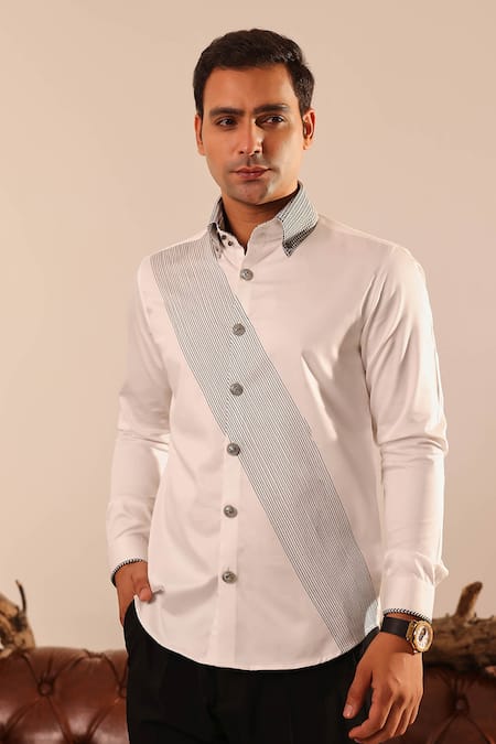 Abkasa_White Cotton Satin Embroidery Thread Woven Collar Shirt _Online_at_Aza_Fashions
