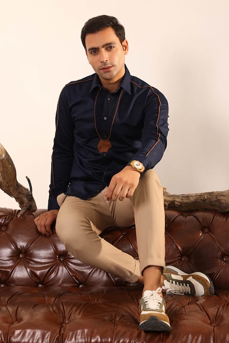 Buy Abkasa Blue Cotton Satin Piping Hexagon Motif Navy Shirt Online at Aza Fashions Buy_Abkasa_Blue Cotton Satin Piping Hexagon Motif Navy Shirt _Online_at_Aza_Fashions