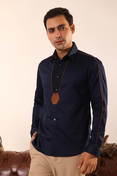 Shop Abkasa Blue Cotton Satin Piping Hexagon Motif Navy Shirt Online at Aza Fashions Shop_Abkasa_Blue Cotton Satin Piping Hexagon Motif Navy Shirt _Online_at_Aza_Fashions