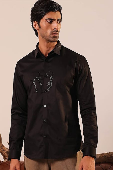 Abkasa_Black Cotton Satin Lace, Embroidery Dancing Skeletons Hand Shirt _Online_at_Aza_Fashions
