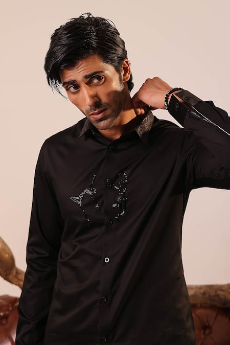 Buy_Abkasa_Black Cotton Satin Lace, Embroidery Dancing Skeletons Hand Shirt _Online_at_Aza_Fashions