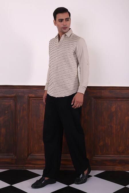 Abkasa_Beige Cotton Satin Pintuck Detailed Shirt _Online_at_Aza_Fashions