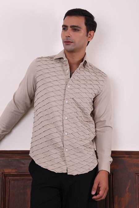 Buy_Abkasa_Beige Cotton Satin Pintuck Detailed Shirt _Online_at_Aza_Fashions