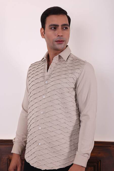 Shop_Abkasa_Beige Cotton Satin Pintuck Detailed Shirt _Online_at_Aza_Fashions