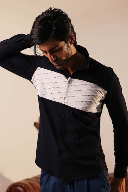 Abkasa_Black Cotton Satin Piping Pintuck Front Panel Shirt _Online_at_Aza_Fashions
